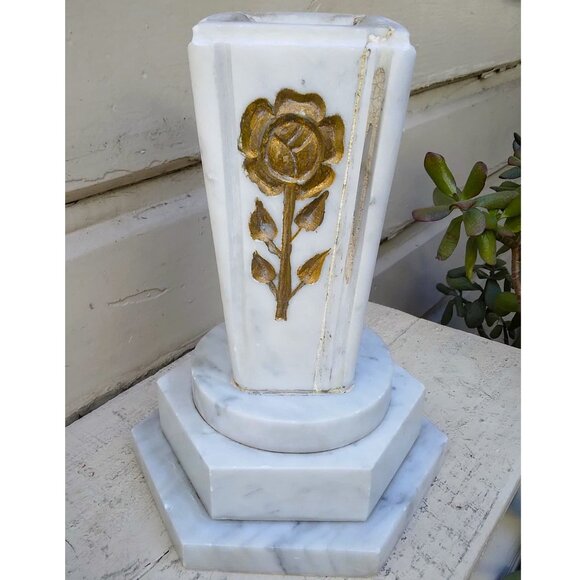 Old Antique White Marble Gold Painted Flowers Stepped Base HEAVY Urn/Vase - Picture 4 of 13